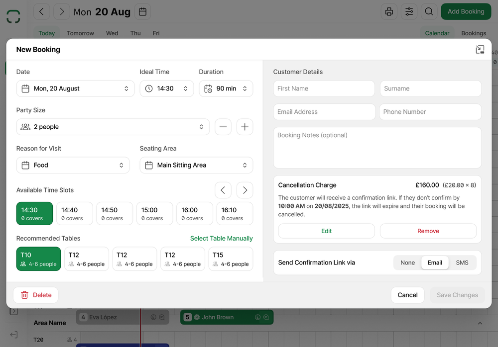 Adding a booking in the TableSense diary
