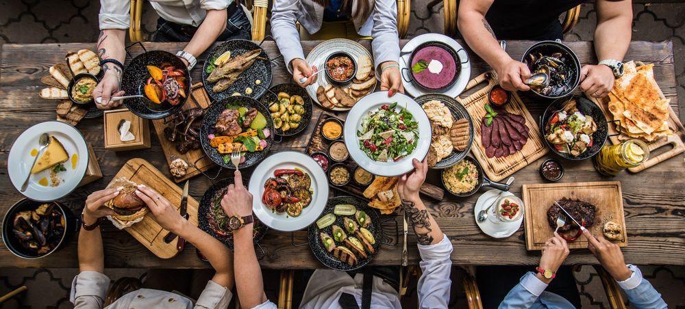 Sharing plates on a table, top down
