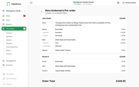 Pre-order options during booking flow