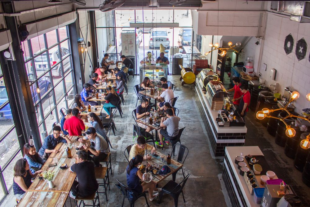 Restaurant interior from a high angle