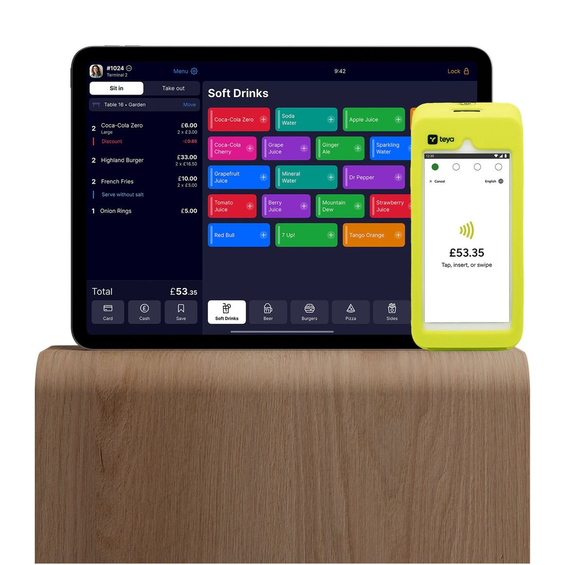 Seamless POS on iPad with Teya card payment terminal showing £53.35 transaction